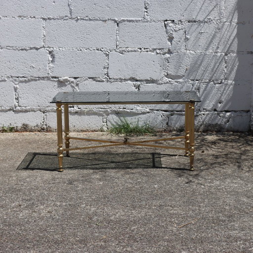 French vintage smoked Glass and Brass Coffee Table - Lounge Table Hollywood Regency Style-80s