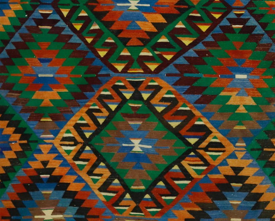 Groot vintage Anatolisch kilimkleed – Kleurrijk geometrisch handgeweven wollen platgeweven tapijt 308 x 164 (photo 2 of 10)