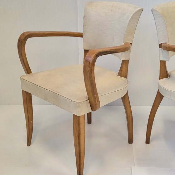 Image 1 of PAIR OF VINTAGE 1950S BRIDGE ARMCHAIRS IN BEECH & SKAI 50S ROCKABILLY 1950s