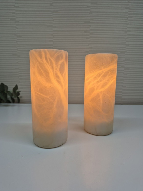 Set vintage (2) lampade a cilindro in alabastro spagnolo., Lampade da tavolo, Pietra, Beige (foto 10 di 10)