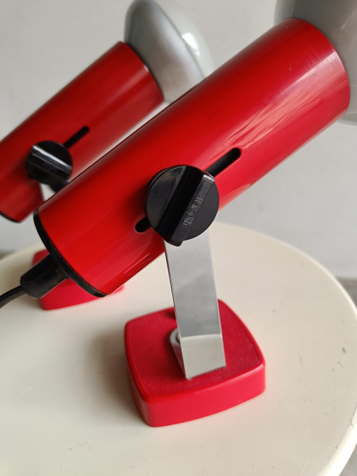 Pair of Targetti Sankey red spotlights, Italy 1970s