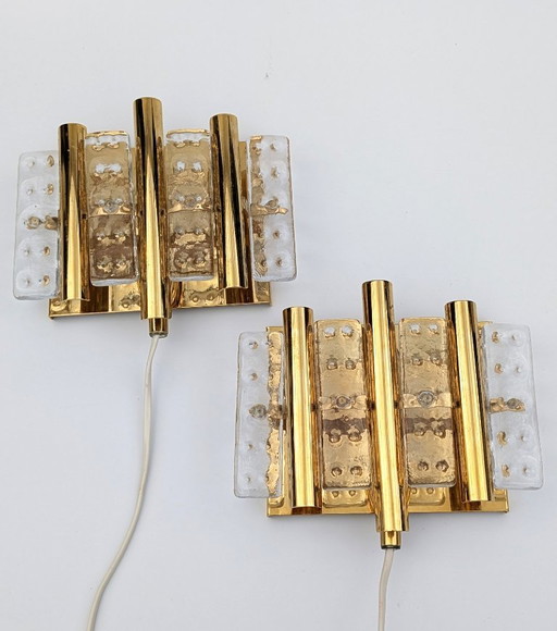 Paar messing en glazen wandlampen van Hans Agne Jakobsson