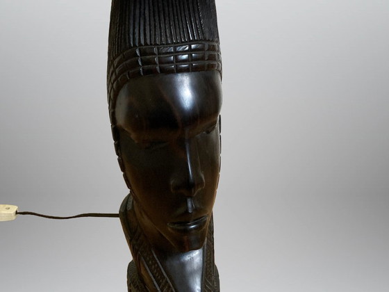 Image 1 of Table lamp base made of African hardwood with a carved African woman