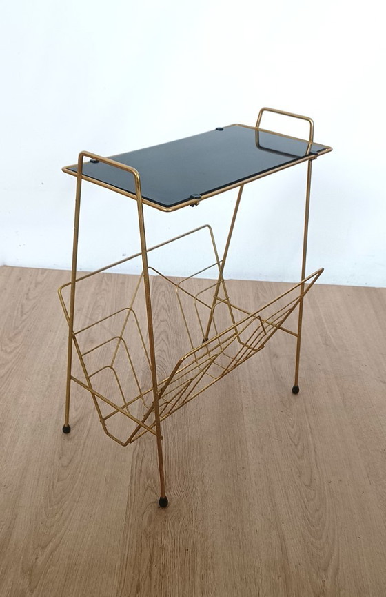 Image 1 of Fifties side table with magazine rack and glass top