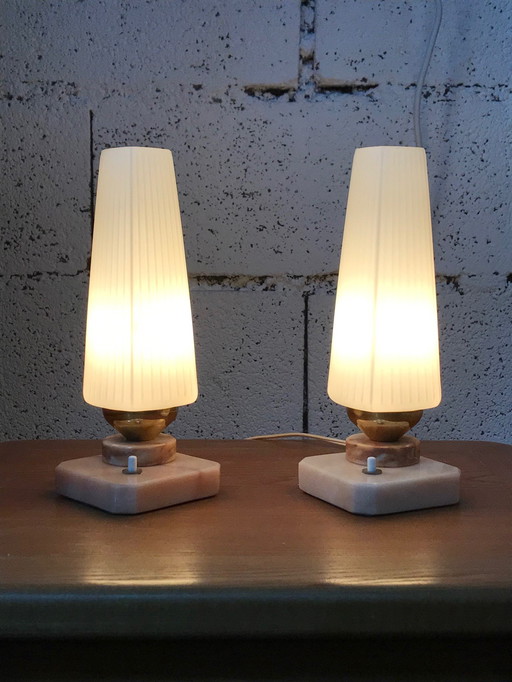 2 lampes vintage en marbre et opaline années 70