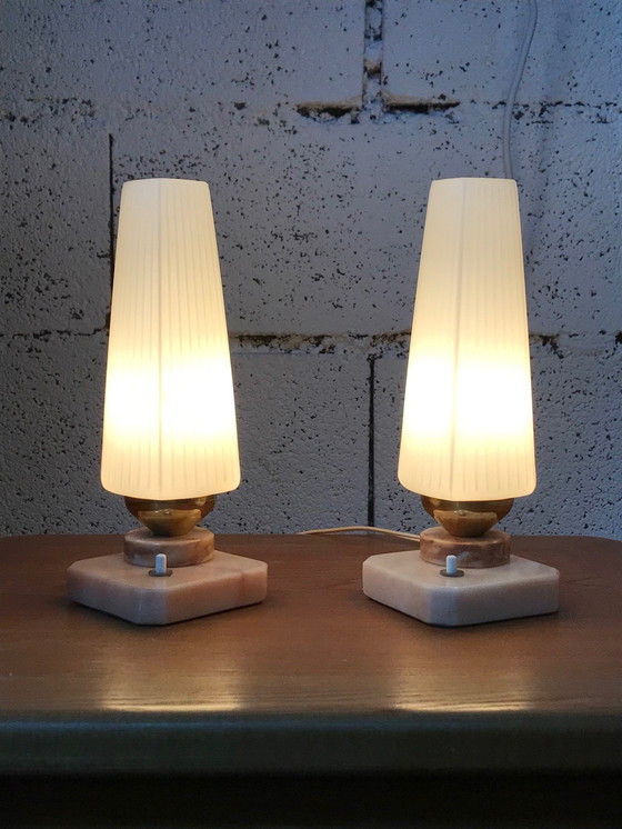 Image 1 of 2 vintage marble and opaline lamps from the 70s