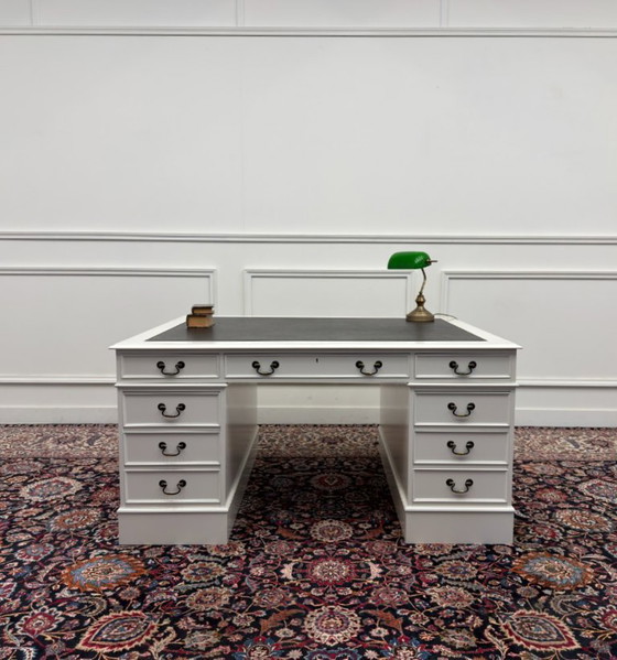 Classic English White Desk Partnerdesk – Wood, Leather (photo 3 of 18)