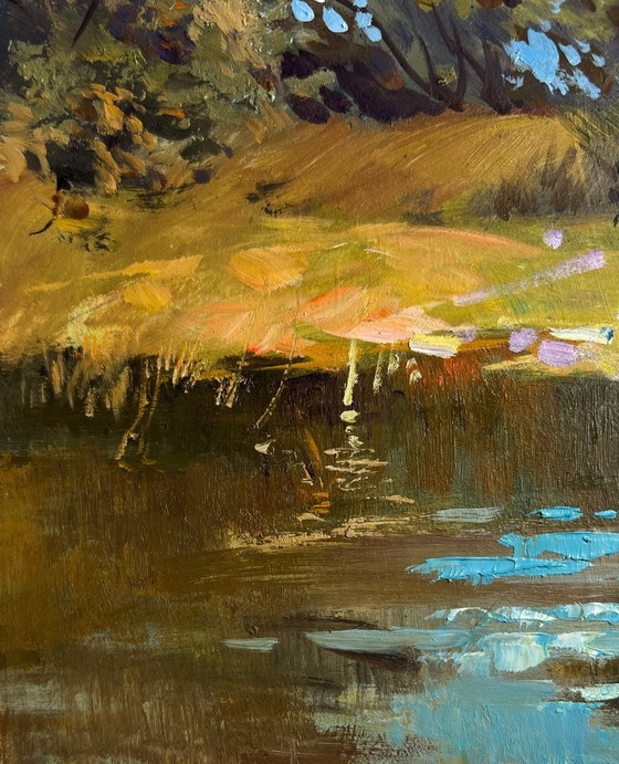 Image 1 of Origineel olieverfschilderij: Zomerlandschap langs de rivier. Zomerse reis langs de rivier.