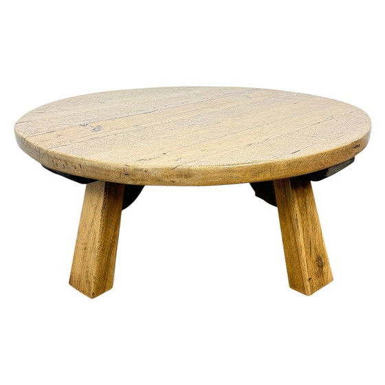 Image 1 of Rustic solid oak coffee table – round brutalist style – vintage European design