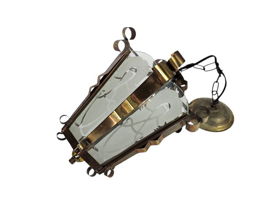 Image 1 of Art Déco - Lampada a sospensione a lanterna - ottone - vetro satinato