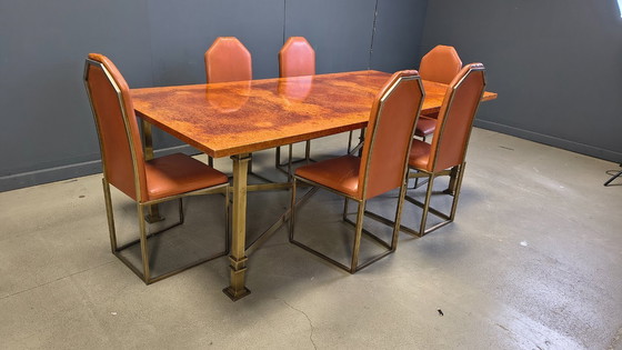 Image 1 of Table de salle à manger vintage en loupe de bois et laiton, signée Belgochrom, années 1970