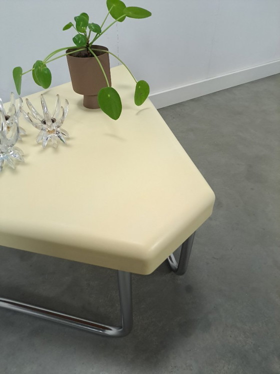 Image 1 of Space age triangular plastic table with chrome tubular frame legs