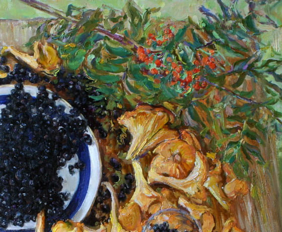 Original Ölgemälde Herbststillleben Pilze und Blaubeeren – Gemälde & Zeichnungen, Canvas (photo 3 of 5)