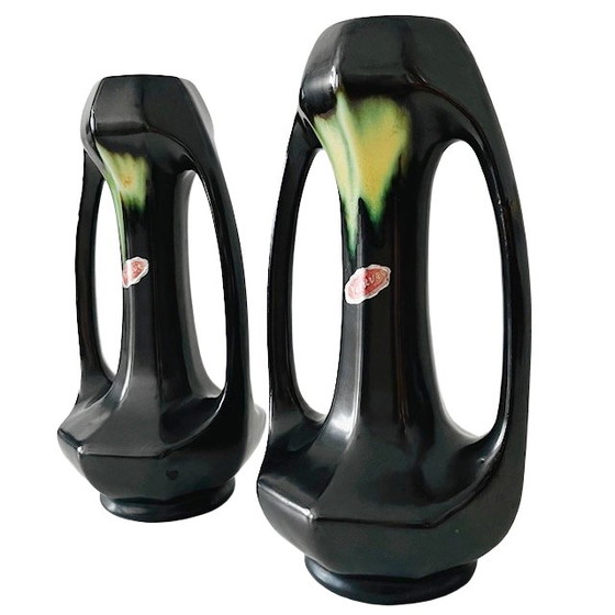 Image 1 of Antique Thulin Art Nouveau vases, matte black and green ceramic, 1910s