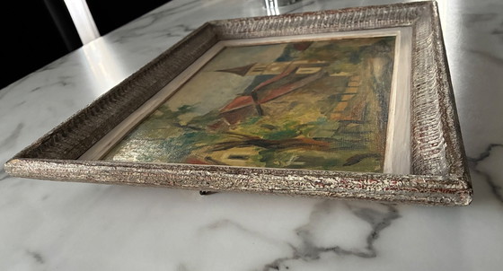 Image 1 of Antique oil painting on plywood, village church