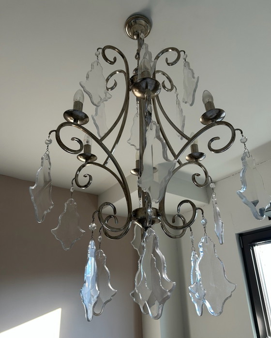 Large design chandelier with glass pendants, 120 by 65 cm, Metal, Silver (photo 3 of 6)