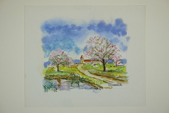 Image 1 of Small painting by Marcel Pressac - Spring landscape, dated and signed.