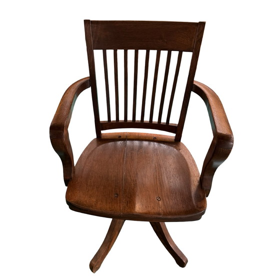 Image 1 of Silla de capitán de madera curvada - Montada sobre una base giratoria - Base de hierro fundido - Roble antiguo