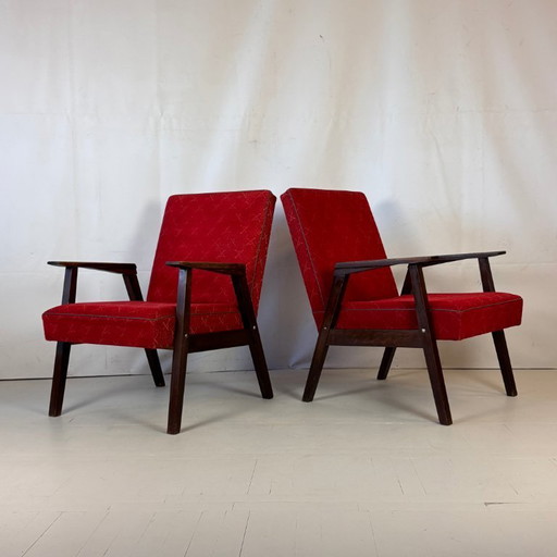 Pair of Hungarian Retro Armchairs in Original Red Fabric, 1960s