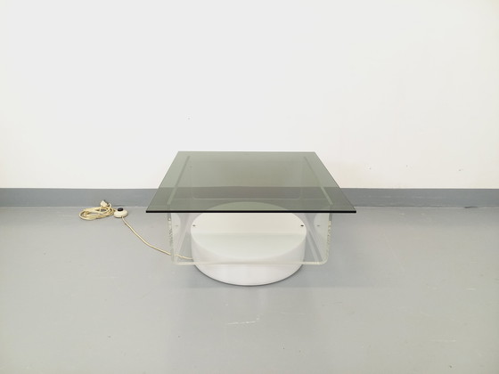 Image 1 of Square illuminated vintage Italian coffee table in glass and Plexiglas in the Space Age style of the '70s