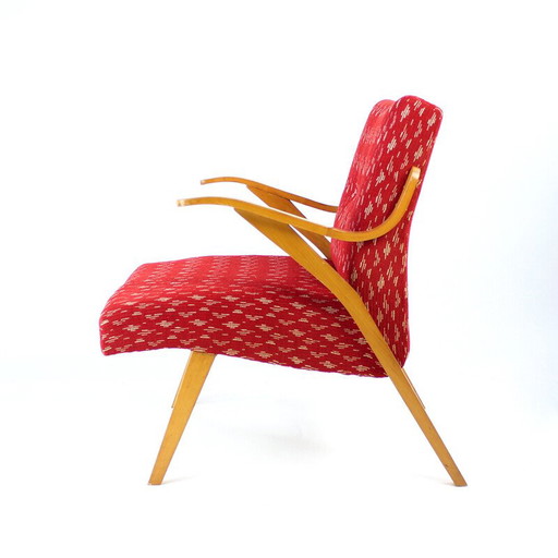 Poltrona di metà secolo in tessuto rosso e legno biondo di Mier, Cecoslovacchia, anni '60