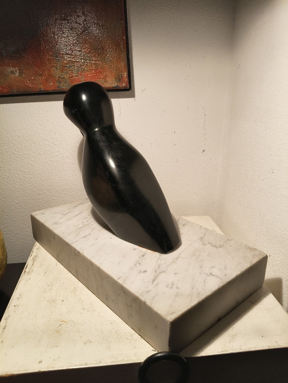 Image 1 of Vintage design modernist black marble sculpture of a stylized abstract bird on a white marble base