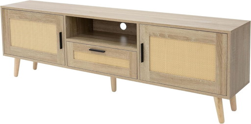 ML-Design Commode TV 160x50,5x30 cm Aspect Chêne, avec 2 Portes, Tiroir, Étagère, Façade en Rotin, Pieds en Bois Massif, Table B