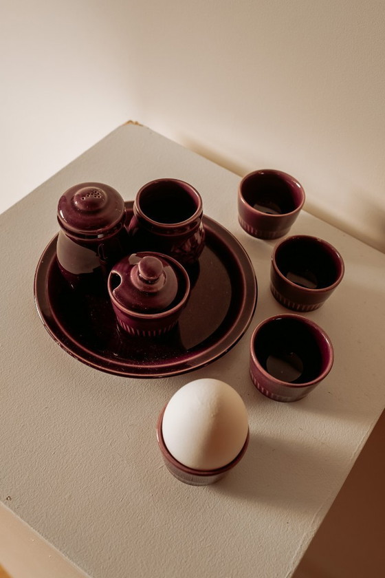 Image 1 of Purple ceramic breakfast set with egg cups and salt and pepper shakers, 1970s