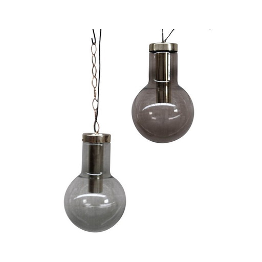 Mid-eeuwse rookglas en messing hanglampen van Raak, Nederland 1980