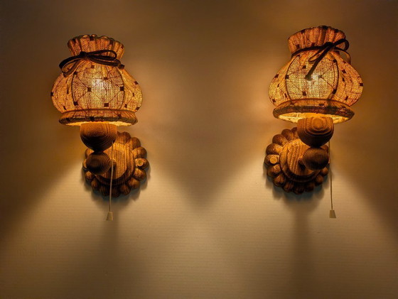 Image 1 of Carved Pine Wall Sconces with Jute Shades, Swedish Design, 1970s