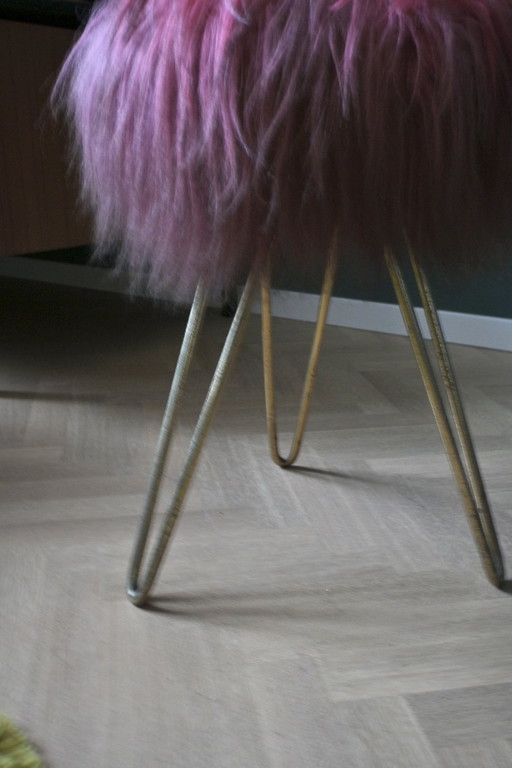 Sgabello vintage rosa a forcina/Flokati