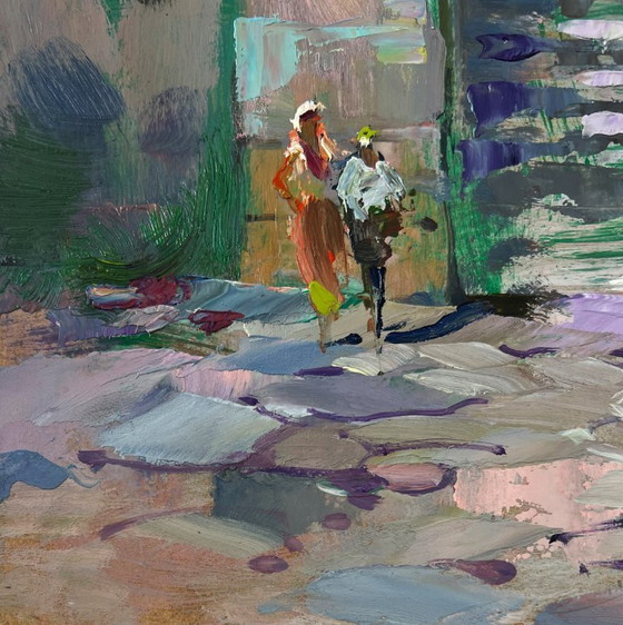 Image 1 of Original Oil Painting Summer House Landscape Old city building with stairs