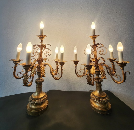 2 Antike Vergoldeter Handgeschmiedeter Handgeschnitzter Florentiner Vintage Stehlampen Aus Italien In Hollywood Regency Stil