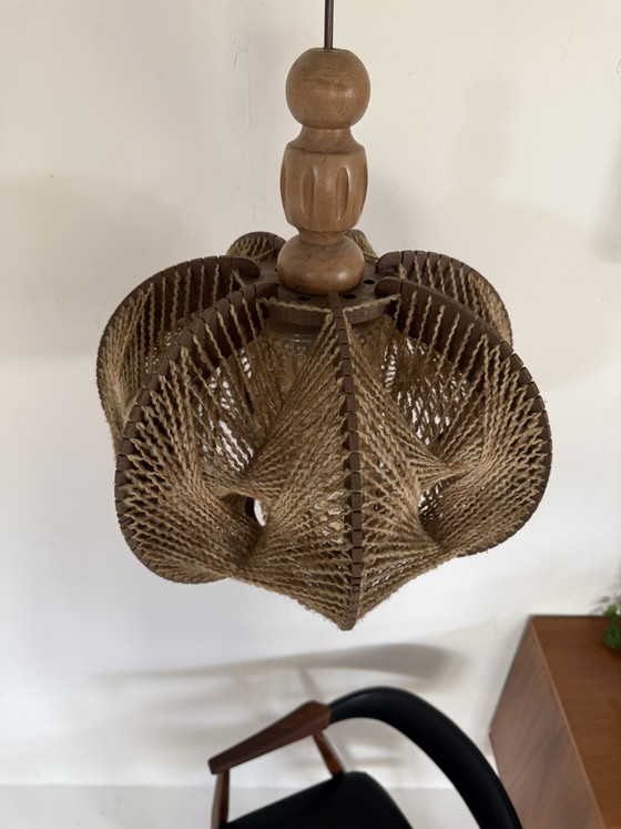 Image 1 of Vintage Danish pendant lamp in glass, wool & wood ‘60s