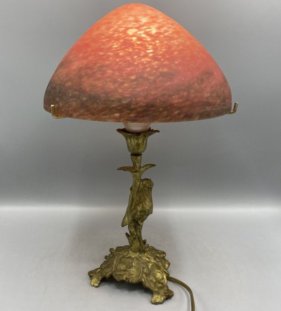 Image 1 of Art Nouveau style brass table lamp with red/black mushroom art de France glass