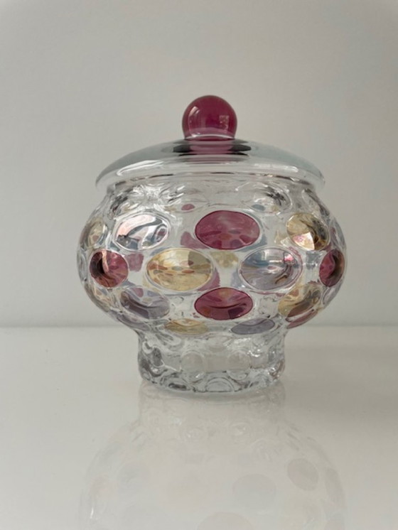 Image 1 of Decorative glass jar with colorful polka dots design