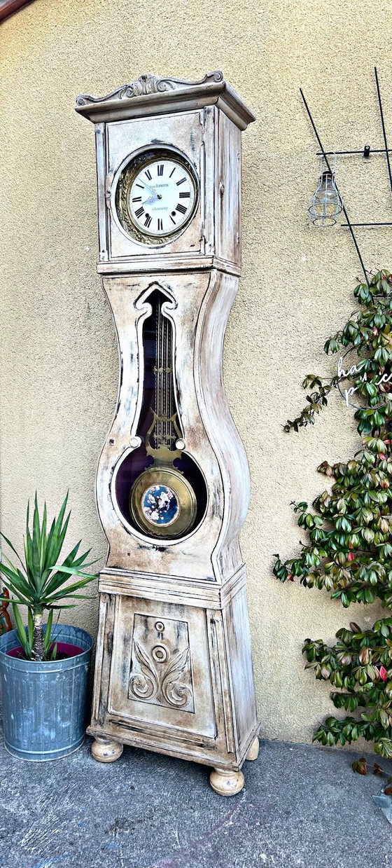 Patinated Antique Comtoise Clock, Bohemian & Vintage Charm, Wood, Creme (photo 5 of 14)