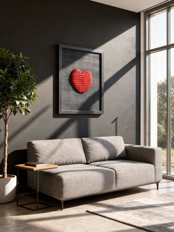 Image 1 of Décoration murale géométrique en forme de cœur 3D – Sculpture rouge en PLA sur toile noire (encadrée)