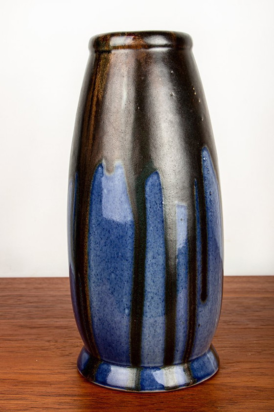 Image 1 of Large Art-Deco vase in blue glazed ceramic by Léon Pointu, Grès de Puisaye, 1920.