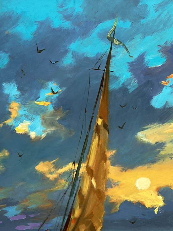 Image 1 of Dipinto ad olio originale: Paesaggio marino, cielo e barca a vela al tramonto