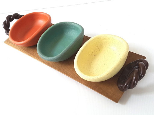 MAGNIFIQUE PLATEAU 3 RAMEQUINS CERAMIQUE SEVRES KERAMOS FRANCE 1950 VINTAGE 50S