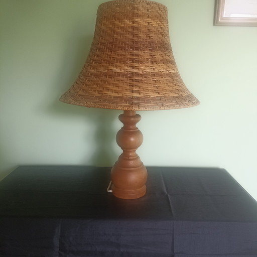 Vintage-Tischleuchte im Mid-Century-Stil – Massives Buchenholz & Rattan – 60 cm