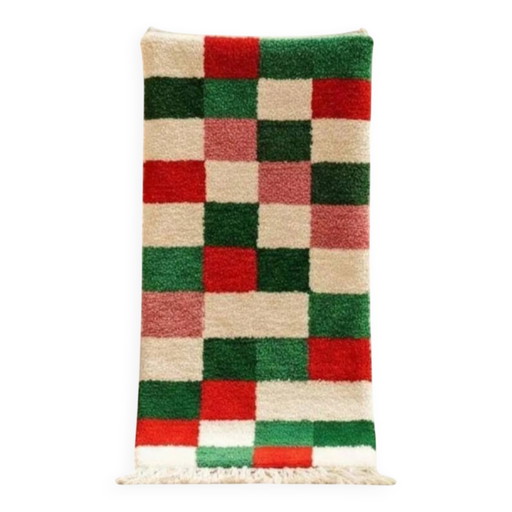 Tappeto runner marocchino natalizio – Lana a quadri rossi e verdi 300X70