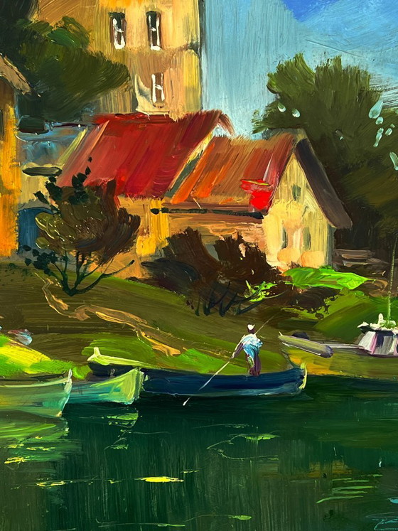 Image 1 of Peinture à l'huile originale, paysage rural estival, village riverain, quai de bateau
