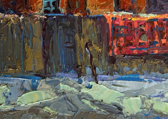 Image 1 of Original Oil Painting Winter Village Landscape Sunset behind the rooftops