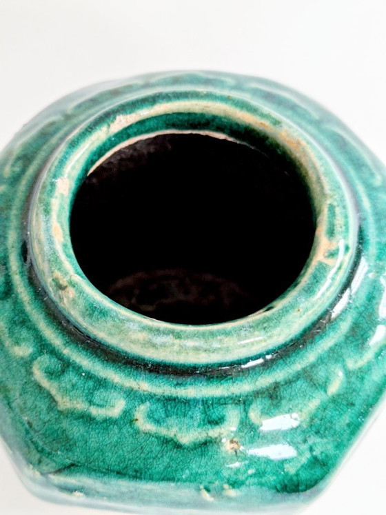 Image 1 of Pot à gingembre Shiwan chinois vintage, récipient hexagonal en faïence émaillée verte, pièce de collection