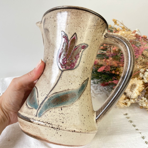 1970s Les Grottes Dieulefit Floral Pattern Ceramic Pitcher – Glass & Decanter, Rustic (photo 5 of 10)
