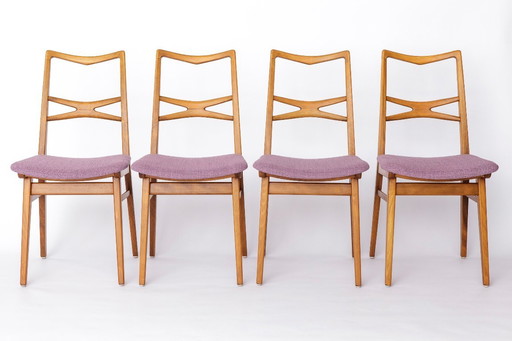4er Set Vintage Esszimmerstühle, 1960er–70er Jahre, Deutsches Mid-Century Modern, Buchenholzrahmen, lila Polsterung