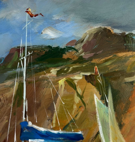Image 1 of Original Oil Painting Sea Coastal Landscape Sailing away on a yacht