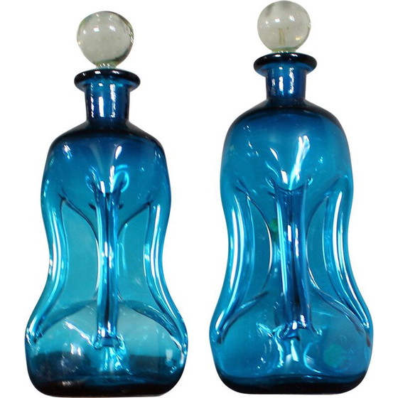 Image 1 of Pair of vintage "kluk kluk kluk" glass carafes by Jacob E. Bang for Holmegaard, Denmark 1950